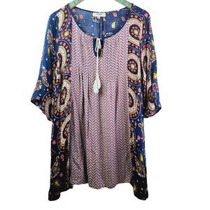 Umgee Tunic Top with Rope Tie, Chevron, Millefiori, Paisley Print Top, Sz M
